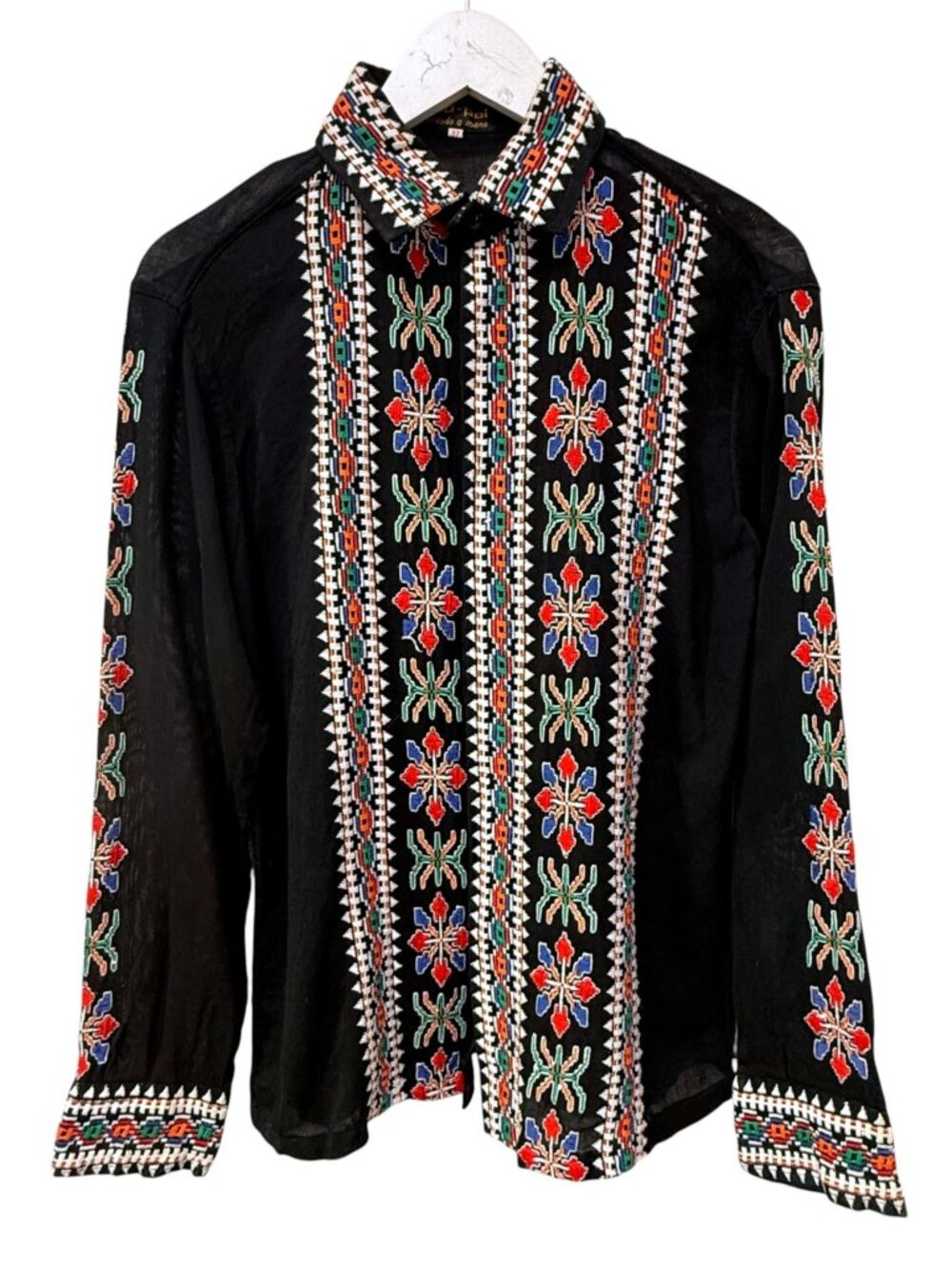 AHO POI Embroidered Shirt XS/S Black Multi Paraguay Boho Ethnic Hippie Ao Po'i